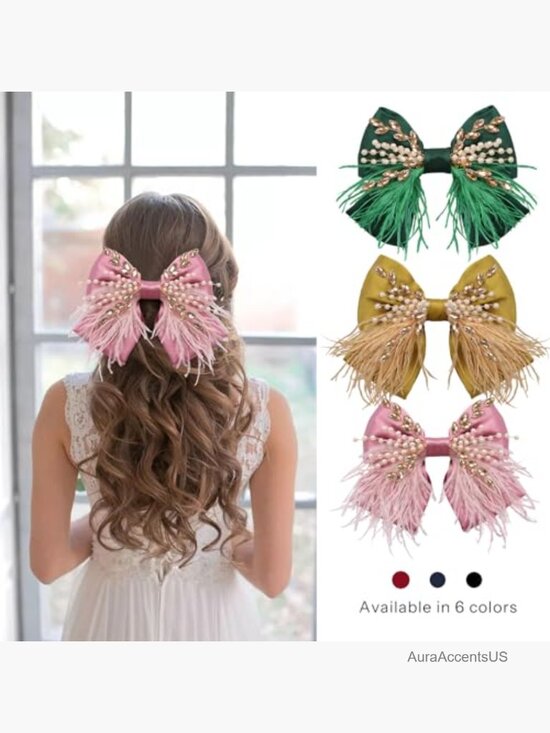 Large Silk Satin Hair Bows Clips with Pearl Crystal Feather for Women